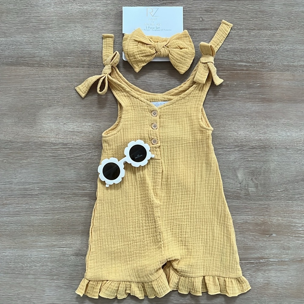 Rachel Zoe Mustard Yellow Cotton Muslin Romper Headband Sunglasses 12 months